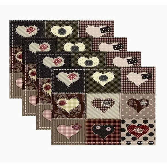 Set of 4 Placemats 12x18in Woven Polyester Heart Patchwork - Picture 1 of 1